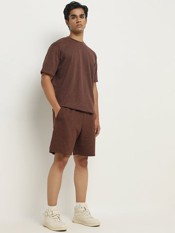 Studiofit Dark Brown Textured Relaxed-Fit Mid-Rise Shorts