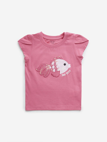 HOP Kids Dark Pink Embellished Fish Cotton T-Shirt