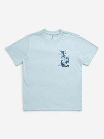 Y&F Kids Light Blue Printed Cotton T-Shirt