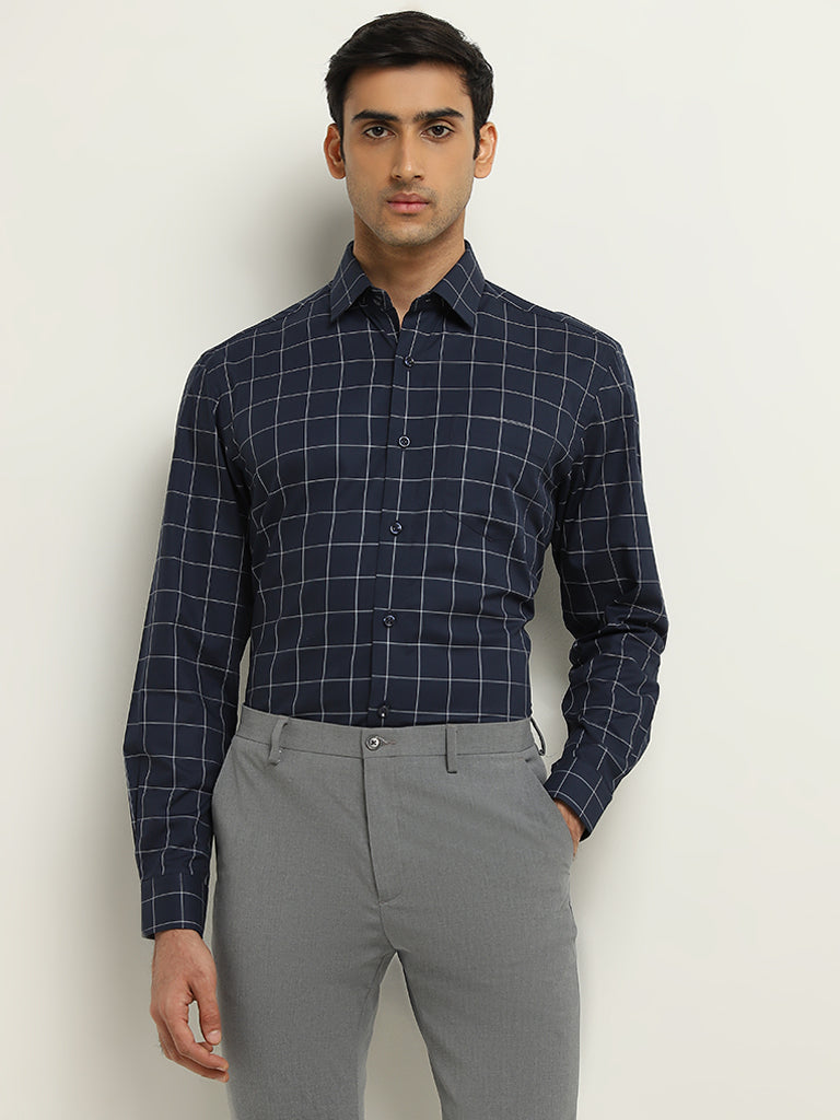 WES Formals Navy Checks Printed Relaxed-Fit Cotton Shirt