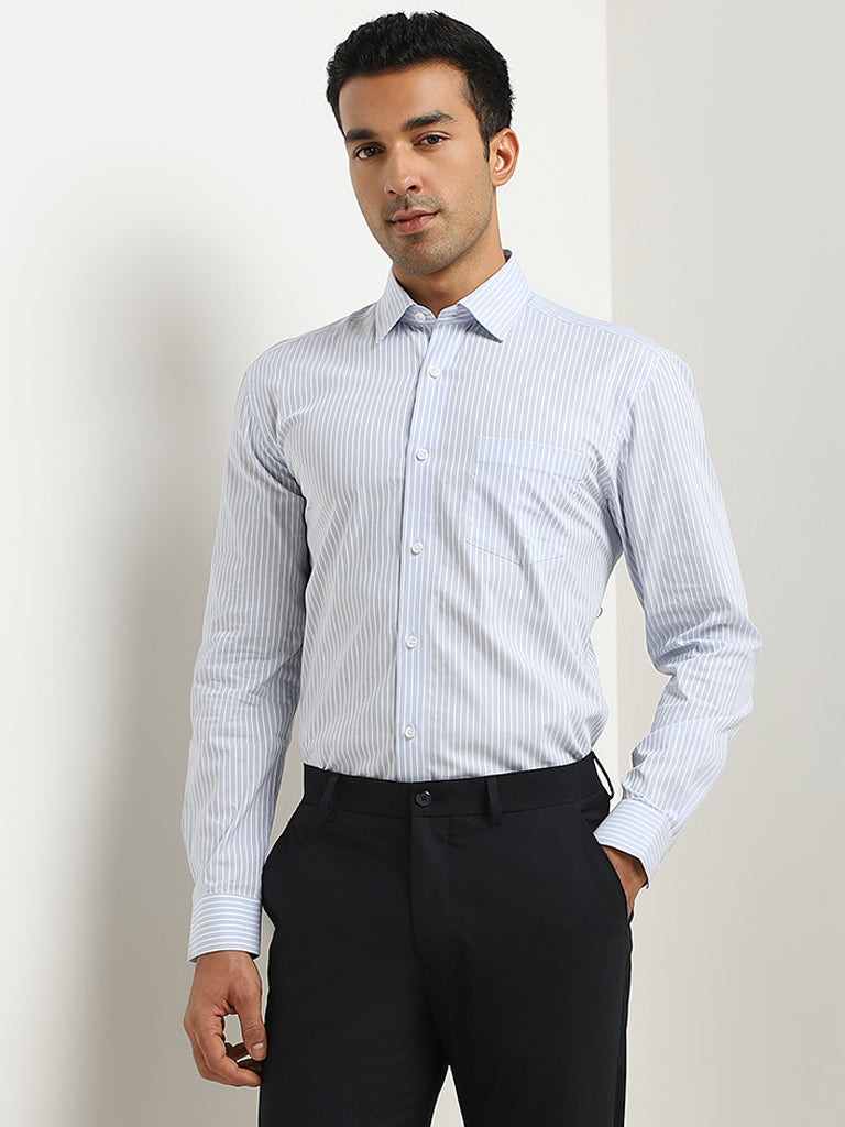 WES Formals Blue Stripe Printed Relaxed-Fit Cotton Shirt