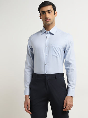 WES Formals Blue Self-Patterned Slim-Fit Cotton Shirt