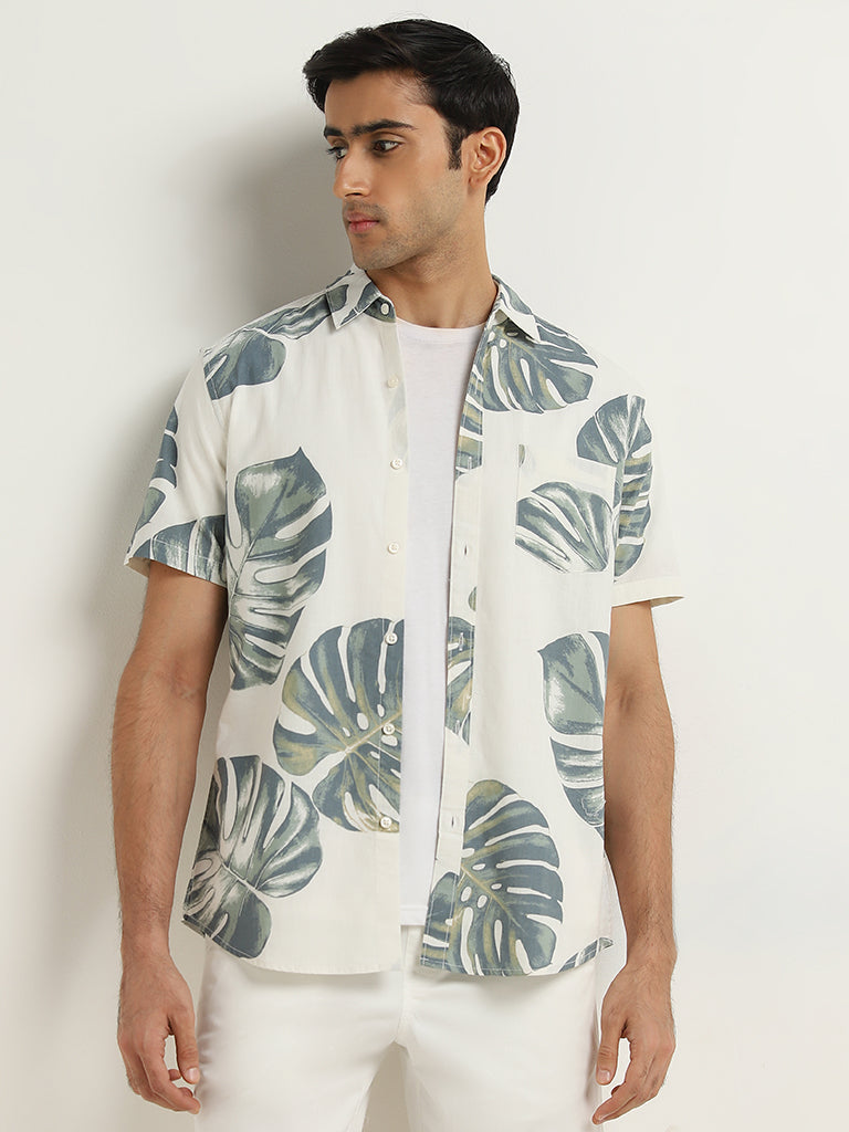 WES Casuals Teal Leaf Printed Slim-Fit Cotton Shirt