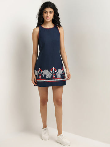 Bombay Paisley Navy Printed Straight Blended Linen Dress