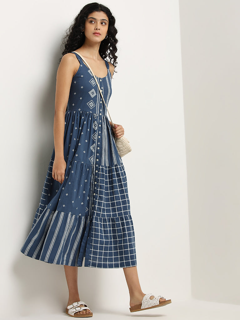 Bombay Paisley Navy Printed Tiered Cotton Dress