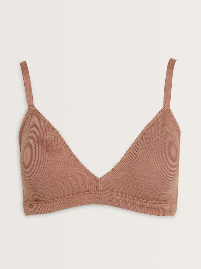 Superstar Brown Waffle-Textured Padded Cotton Bra