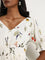 LOV Off-White Floral Printed A-Line Blended Linen Dress