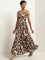 LOV Brown Abstract Printed Tiered Dress