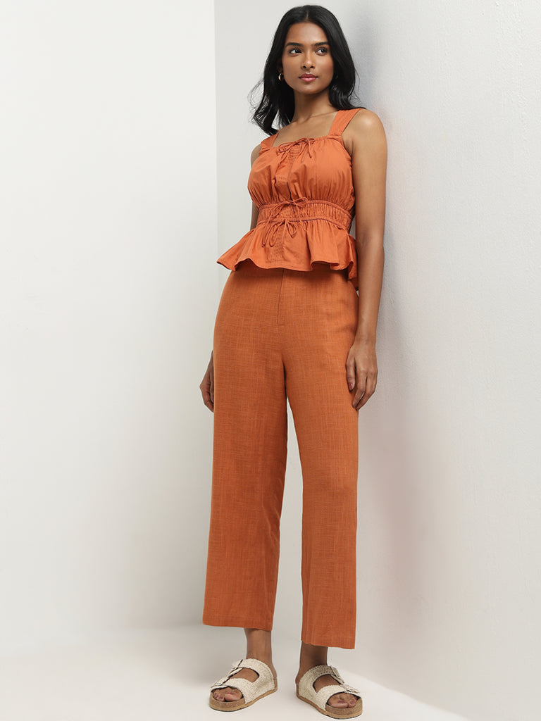 LOV Rust High-Rise Blended Linen Trousers