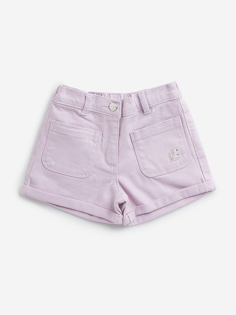 HOP Kids Lilac Embroidered Mid-Rise Denim Shorts