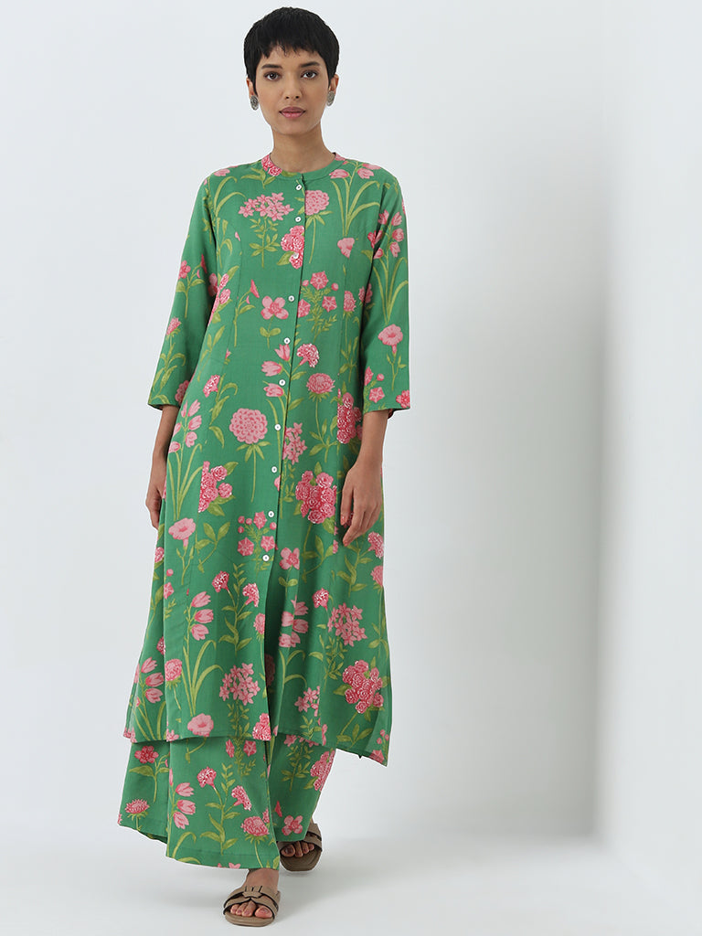 Utsa Green Floral Patterned A-Line Cotton Kurta