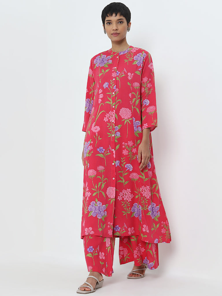 Utsa Pink Floral Design A-Line Cotton Kurta