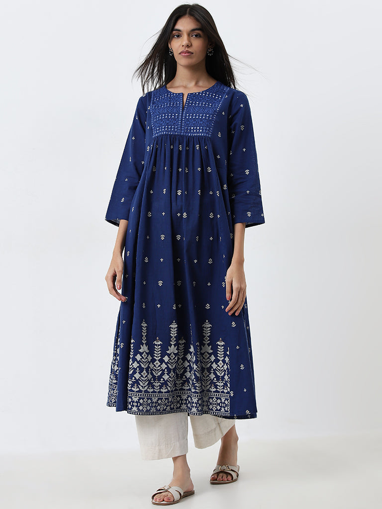 Utsa Dark Blue Printed Fit-and-Flare Cotton Kurta