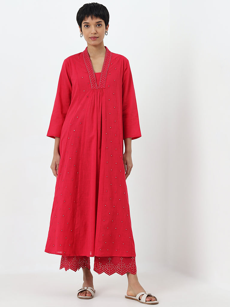 Utsa Fuchsia Mirror-Work A-Line Cotton Kurta