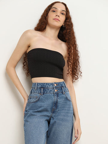 Nuon Black Knit-Textured Cotton Blend Tube Top