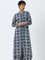 Utsa Dark Blue Floral Printed A-Line Cotton Kurta