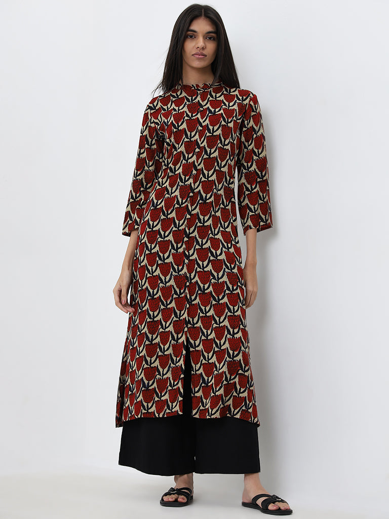 Utsa Maroon Floral Printed A-Line Kurta