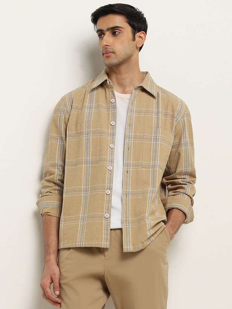 Ascot Beige Checks Design Relaxed-Fit Cotton Shirt