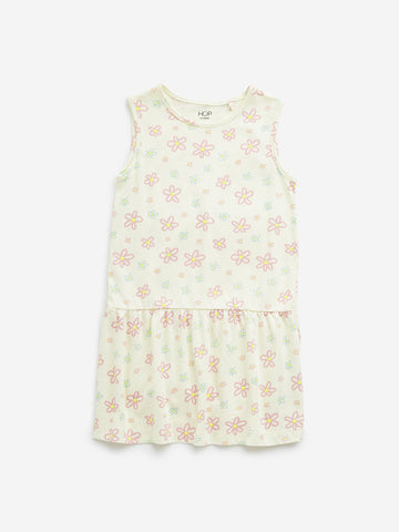 HOP Kids Light Yellow Floral Printed Drop-Waist Cotton Dress