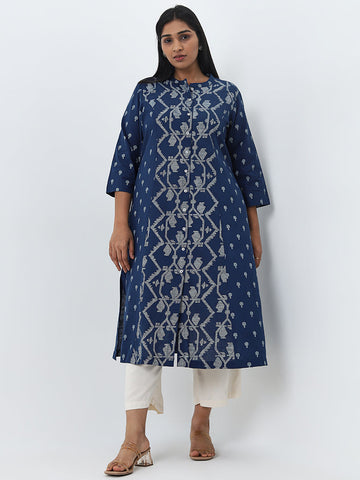 Diza Indigo Jamdani Printed A-Line Cotton Kurta