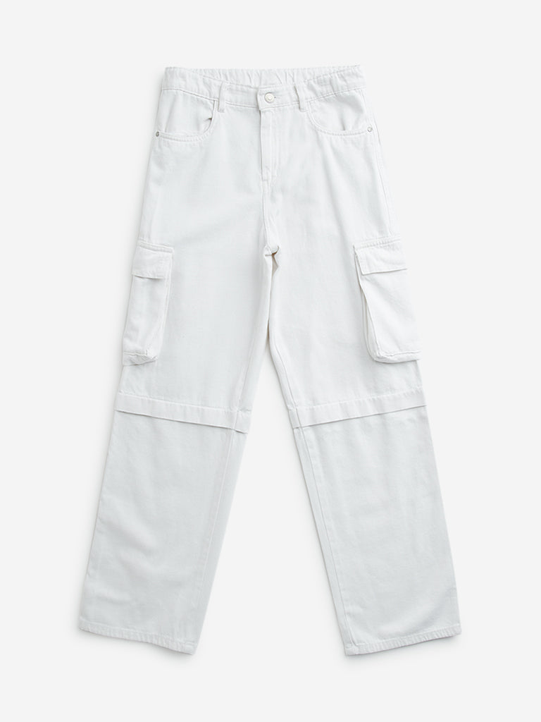 Y&F Kids Off - White Cargo-Style Relaxed - Fit Mid - Rise Jeans