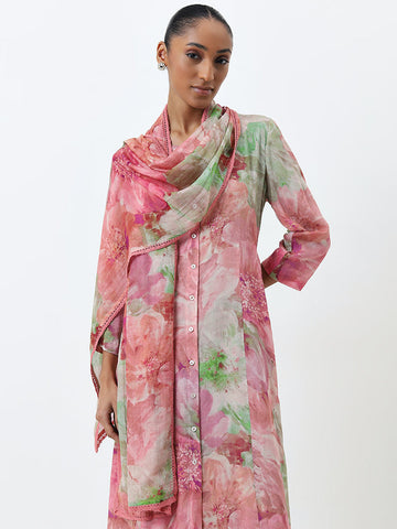 Zuba Pink Floral Printed Dupatta