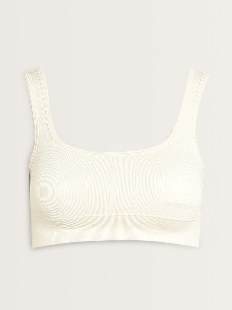 Superstar White Ribbed-Textured Seam-Free Padded Cotton Bra