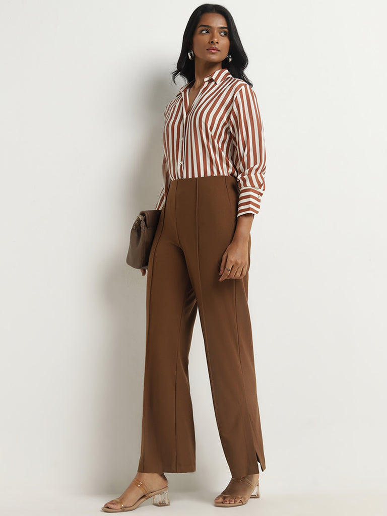 Wardrobe Brown Seam-Detailed High-Rise Trousers