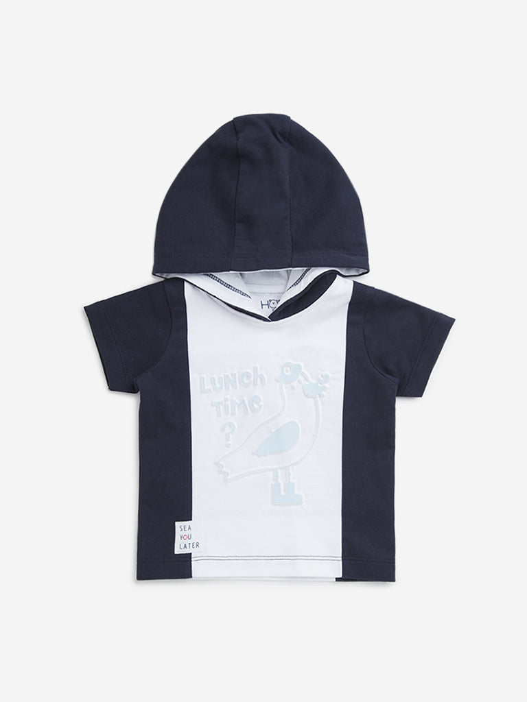 HOP Baby Navy Pigeon Embossed Hooded Cotton T-Shirt