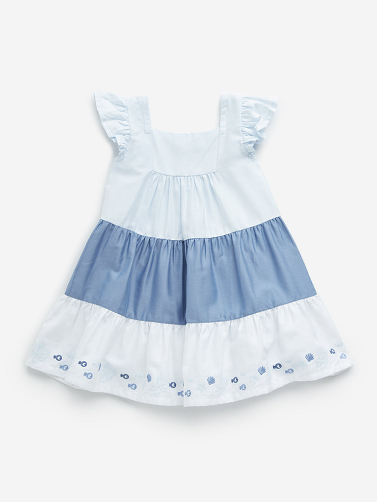 HOP Baby Blue Colour Blocked Cotton Tiered Dress