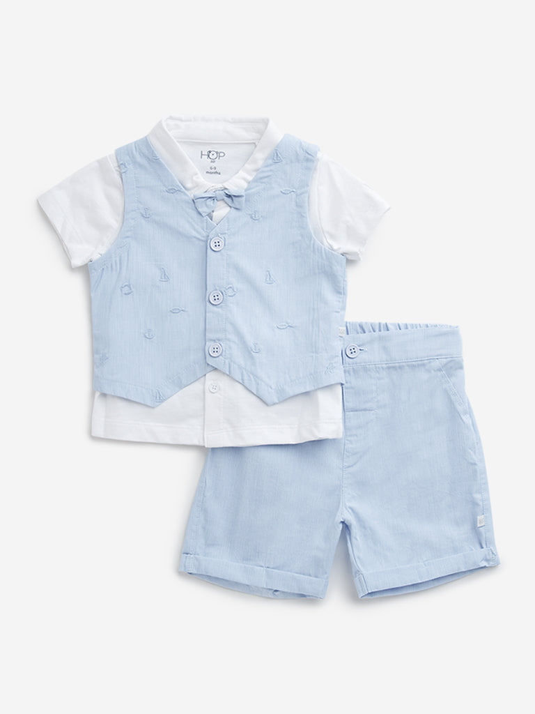 HOP Baby Light Blue Waistcoat, Cotton Shirt, Shorts & Bow