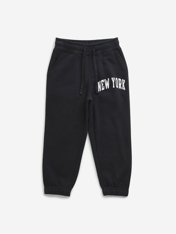 HOP Kids Black Text Printed Mid-Rise Cotton Blend Joggers