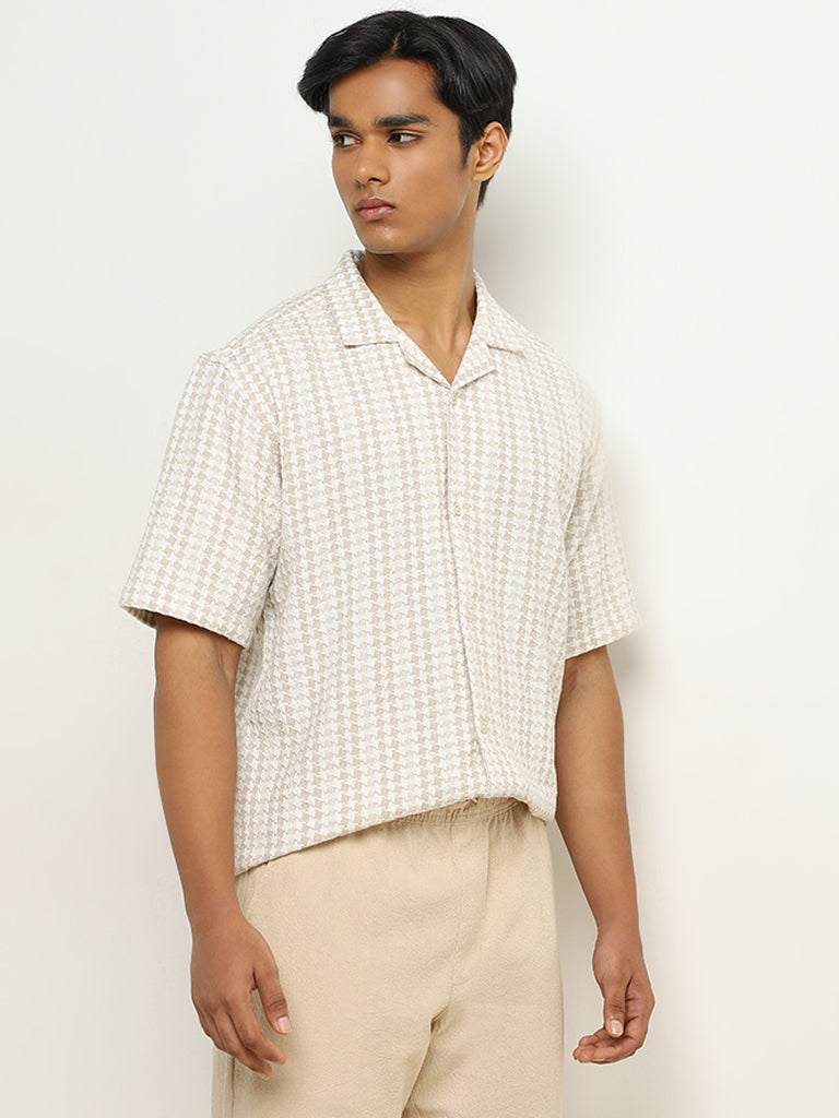 ETA Beige Houndstooth Design Relaxed-Fit Cotton Shirt