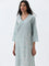 Utsa Light Blue Floral Embroidered A-Line Cotton Kurta