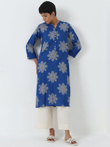 Utsa Dark Blue Bandhani Printed Straight Cotton Kurta