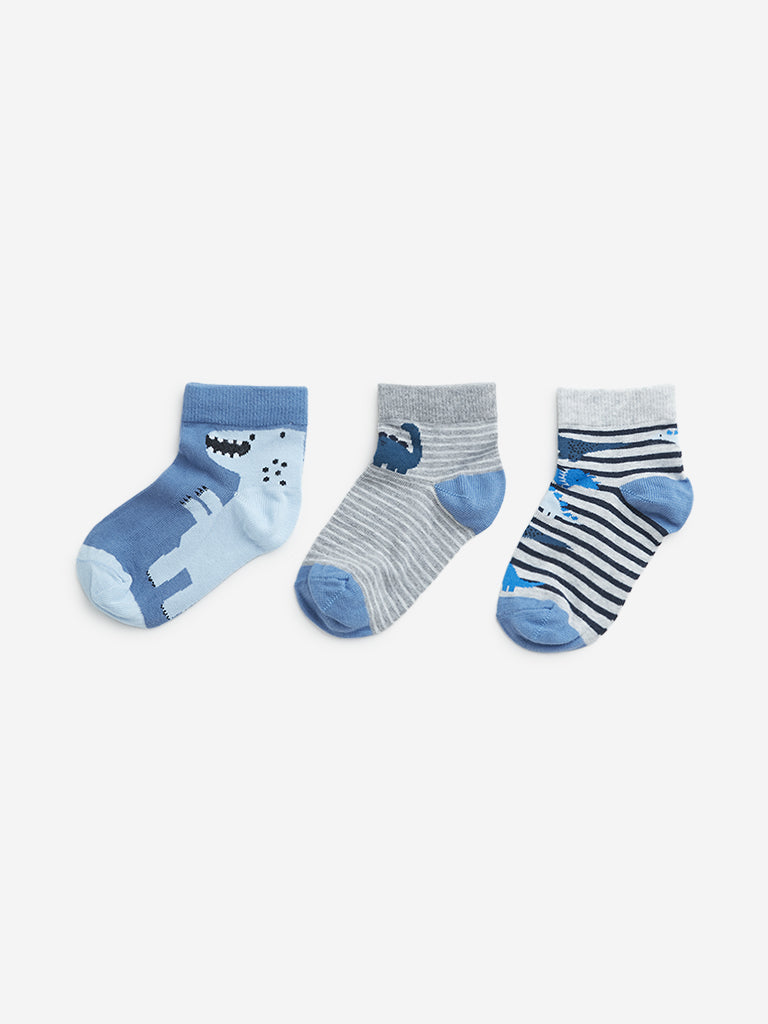 HOP Kids Blue Dinosaur Printed Socks - Pack of 3