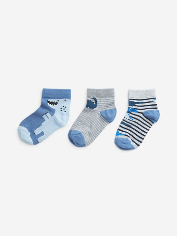 HOP Kids Blue Dinosaur Printed Socks - Pack of 3