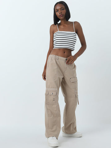 Nuon Beige Straight - Fit Cargo-Style Mid - Rise Jeans