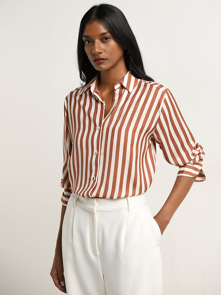 Wardrobe Brown Stripe Printed Shirt