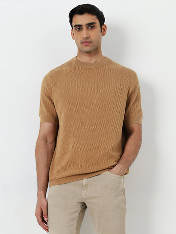 Ascot Tan Self-Textured Relaxed-Fit Cotton T-Shirt