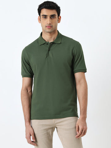 WES Casuals Olive Solid Slim-Fit Cotton Blend Polo T-Shirt