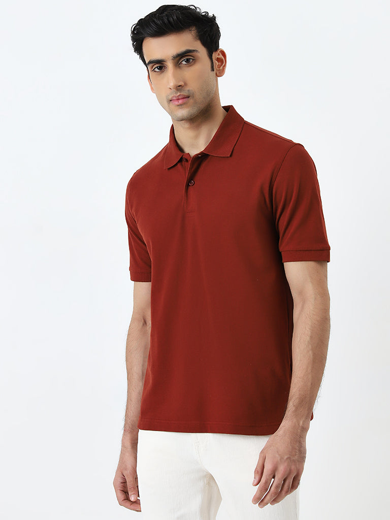 WES Casuals Rust Slim-Fit Cotton Blend Polo T-Shirt