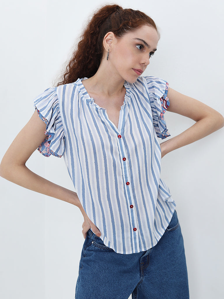 Bombay Paisley Blue Stripe Patterned Top