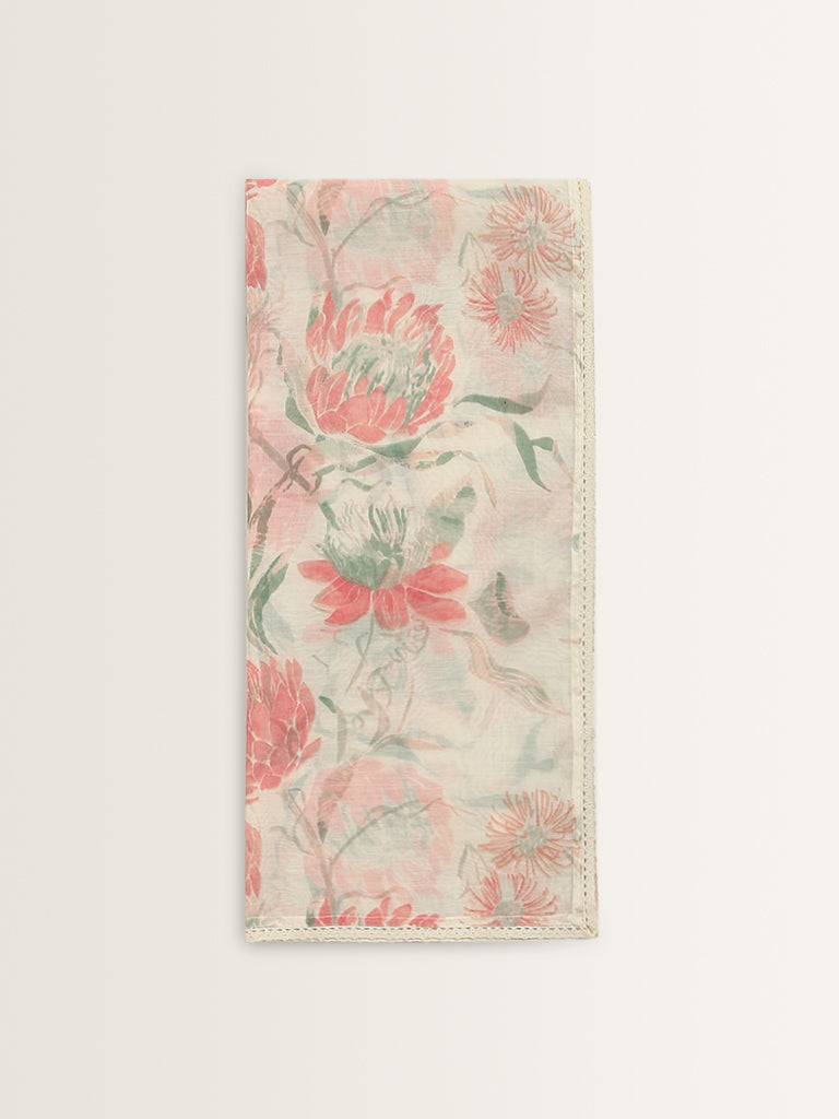 Zuba Off-White Floral Printed Cotton Stole