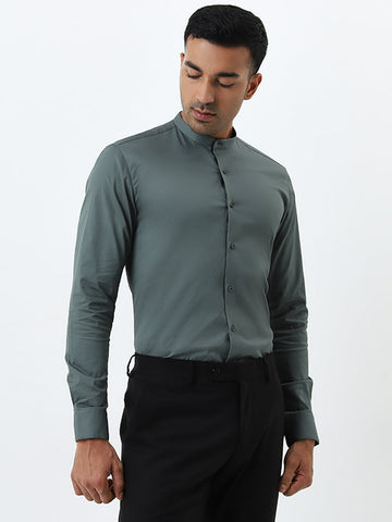 WES Formals Olive Solid Ultra-Slim Fit Cotton Blend Shirt