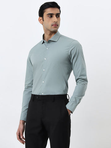 WES Formals Sage Solid Ultra Slim-Fit Cotton Blend Shirt