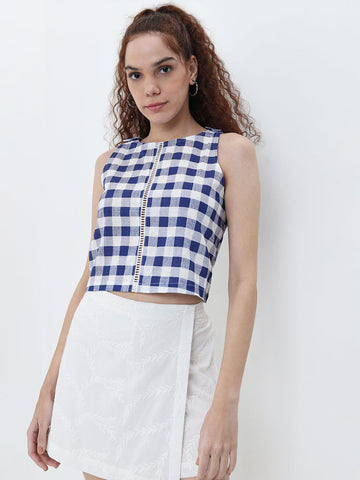 Bombay Paisley Blue Checkered Print Cotton Top