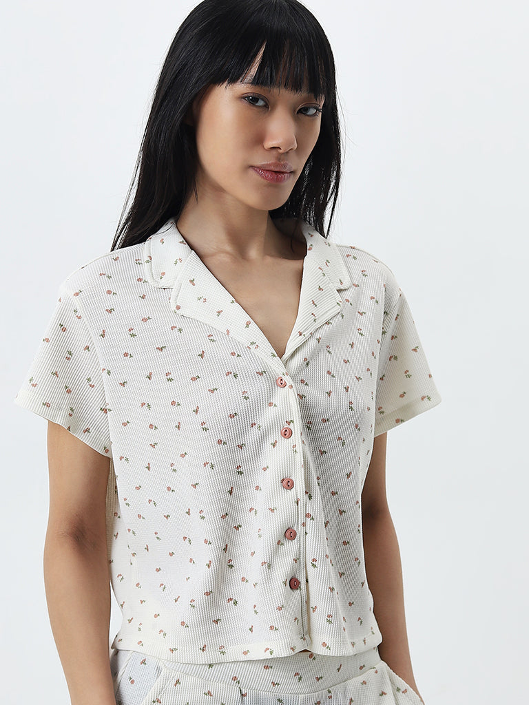 Superstar Ivory Floral Printed Waffle Textured Shirt