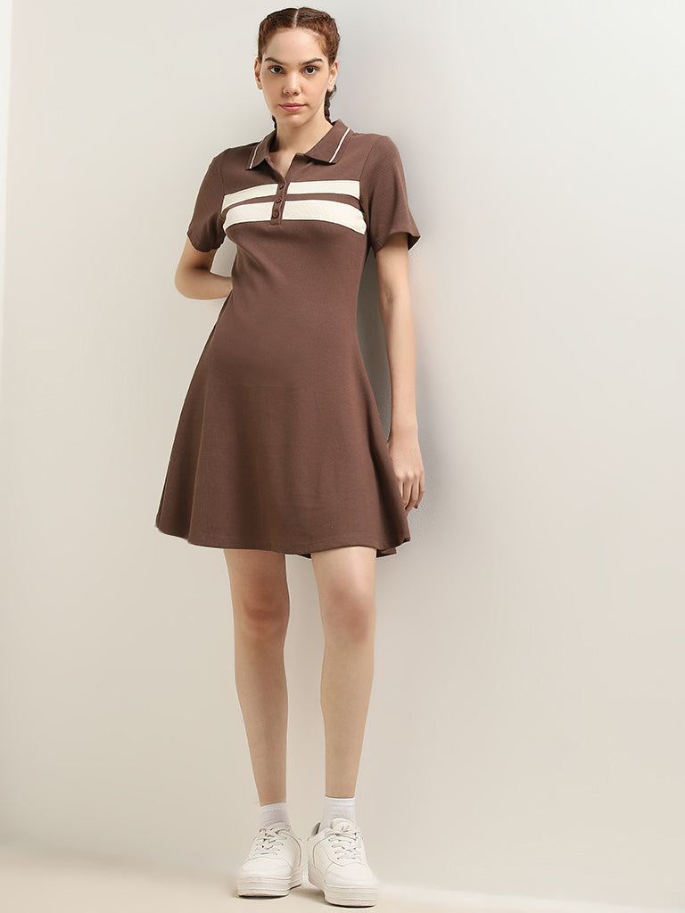 Studiofit Brown Ribbed-Textured Skater Cotton Blend Dress