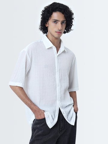 Nuon White Seersucker Textured Relaxed-Fit Shirt